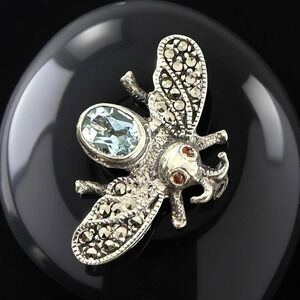 VTG Sterling Silver 925 Marcasite Bee Brooch Blue Glass Body Garnet‎ Eyes 5.56g
